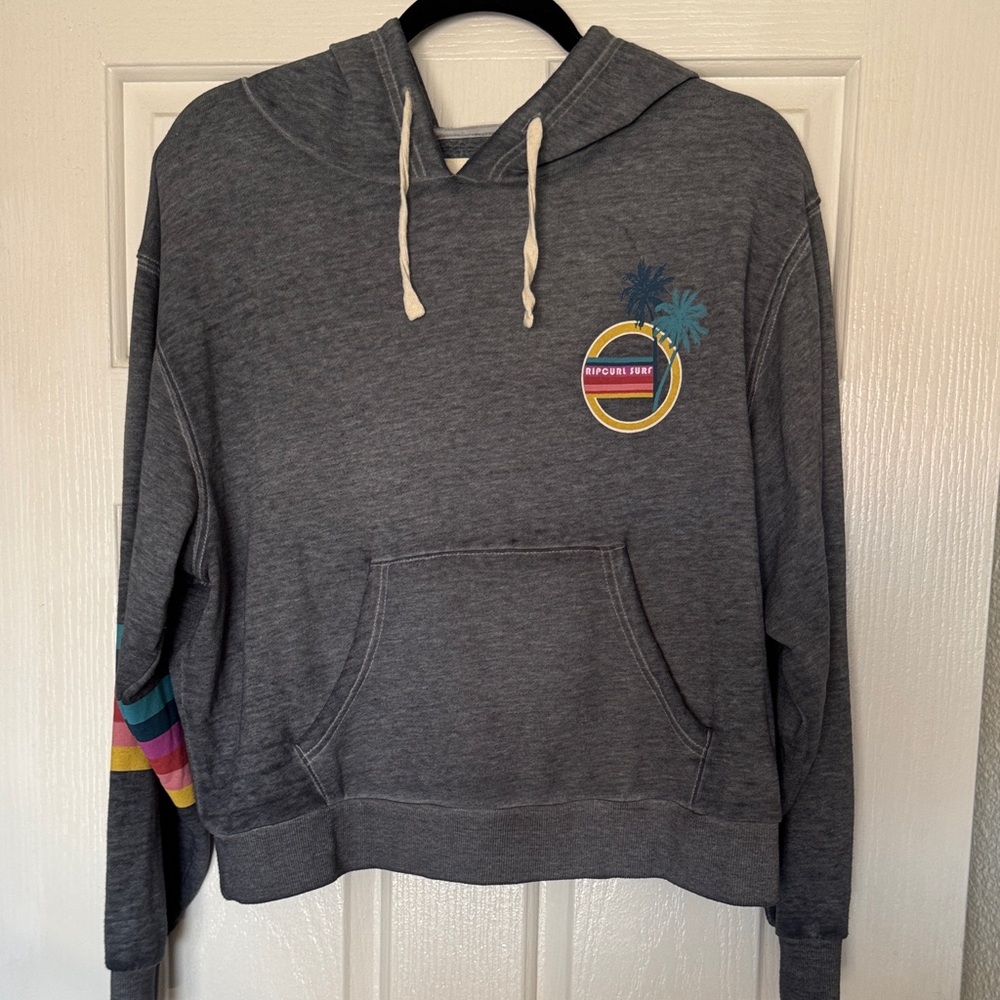 Rip Curl Gray Hoodie with Multicolor Stripe Sleeve and Surf Logo